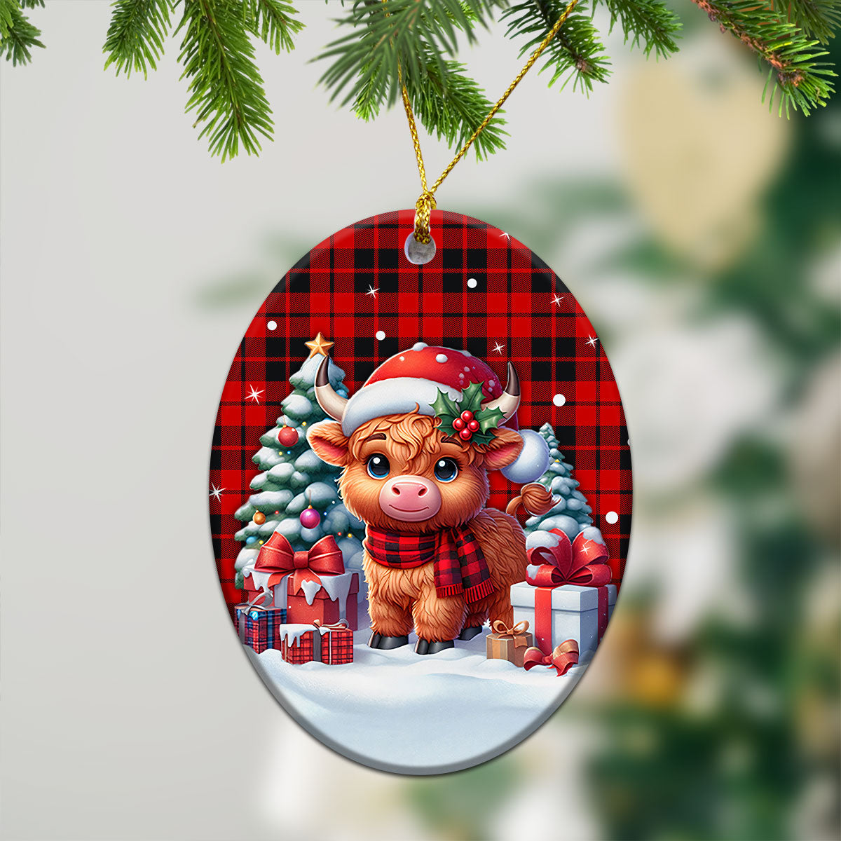 Hogg Tartan Christmas Ceramic Ornament - Highland Cow Winter Style