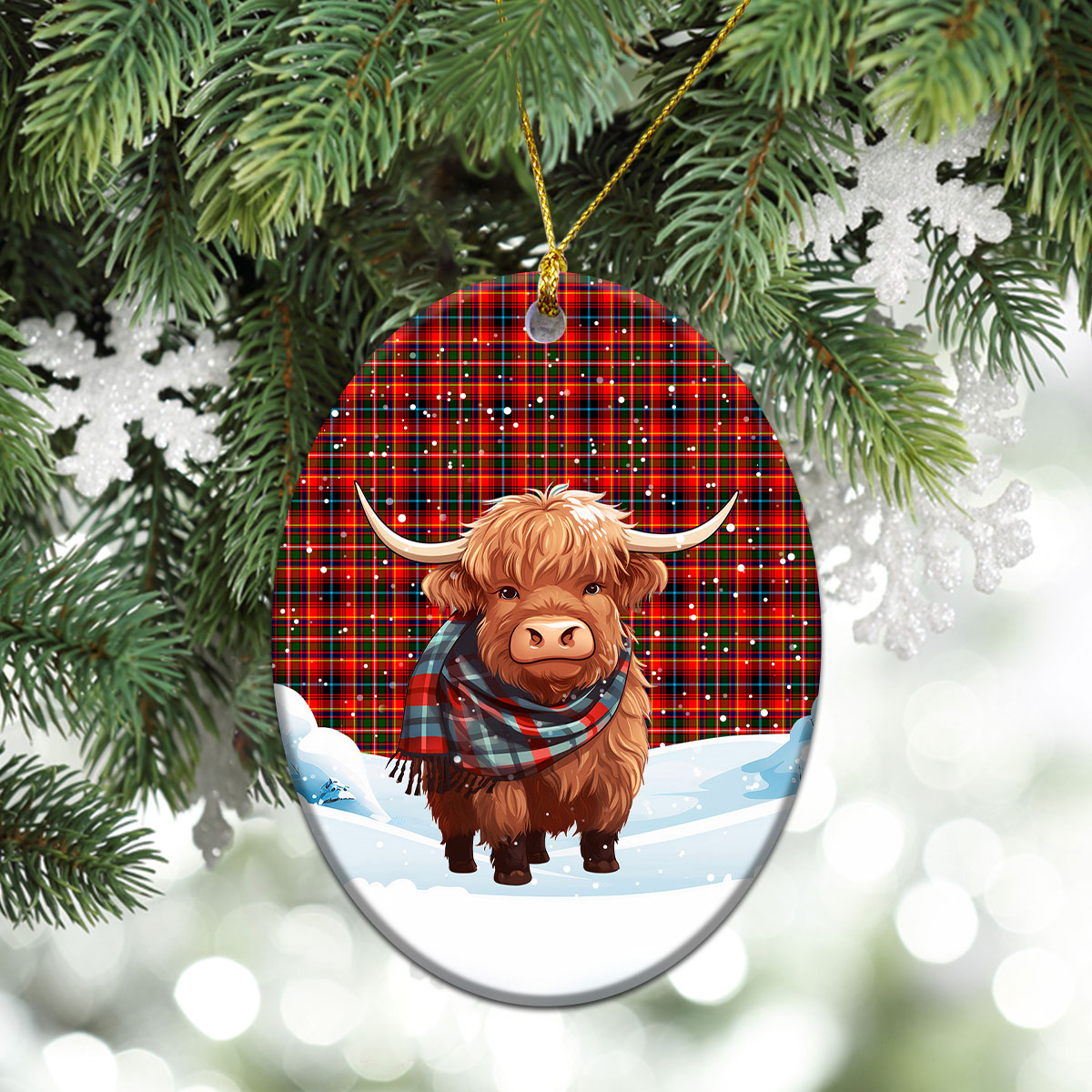 Innes Modern Tartan Christmas Ceramic Ornament - Highland Cows Snow Style