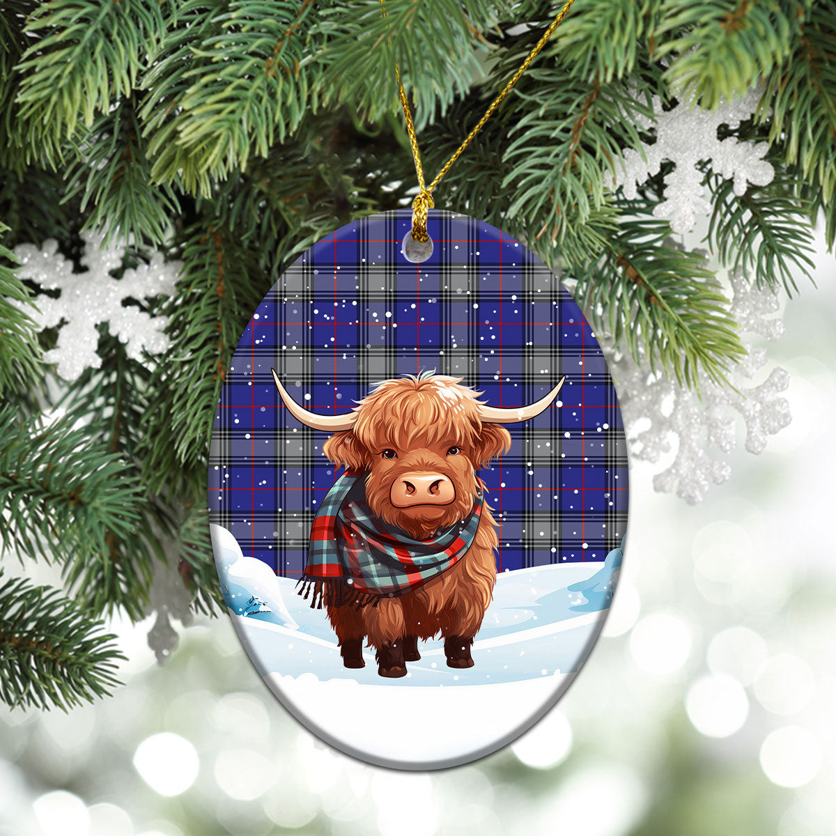 Kinnaird Tartan Christmas Ceramic Ornament - Highland Cows Snow Style