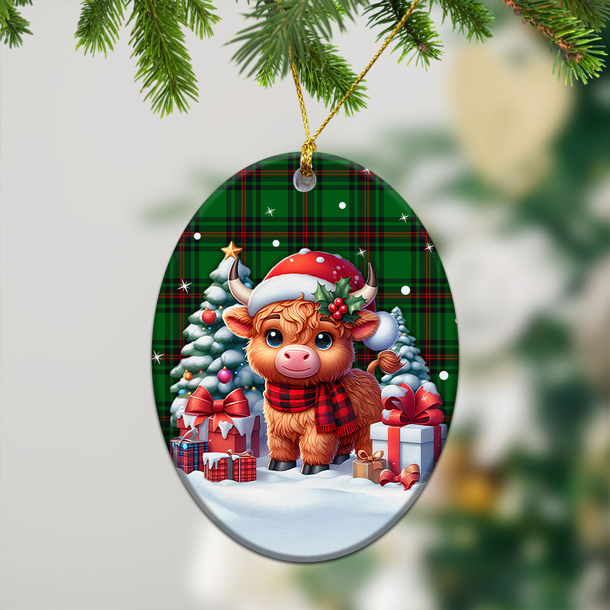 Kinnear Tartan Christmas Ceramic Ornament - Highland Cow Winter Style