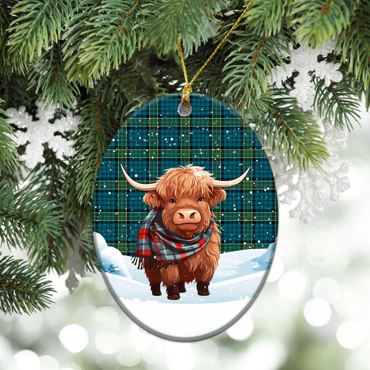 Kirkpatrick Ancient Tartan Christmas Ceramic Ornament - Highland Cows Snow Style