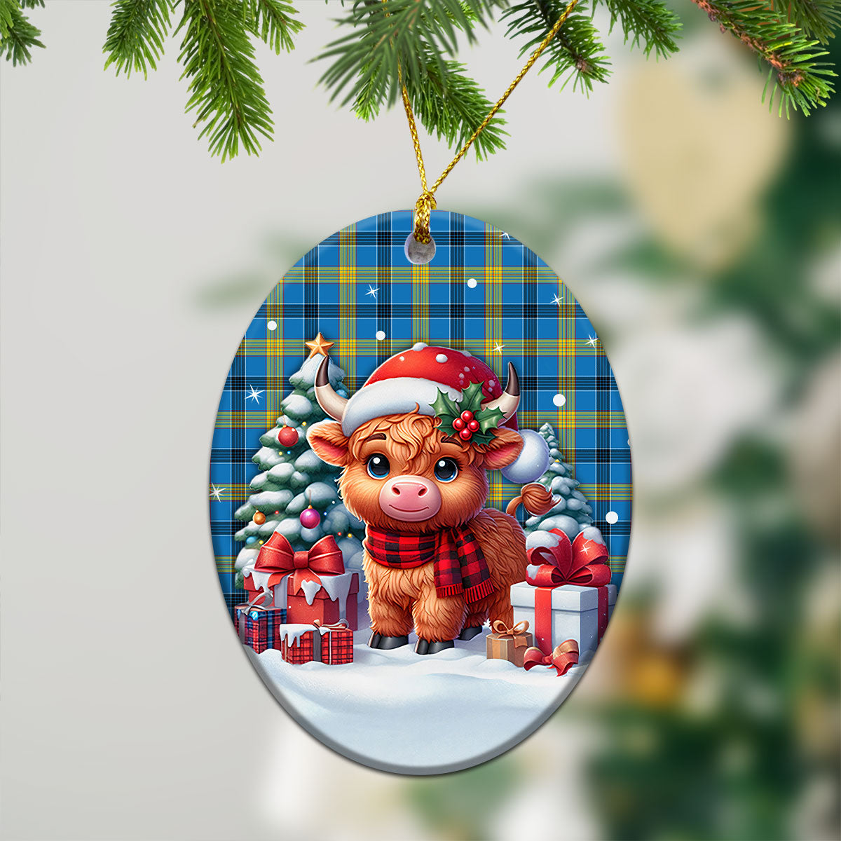 Laing Tartan Christmas Ceramic Ornament - Highland Cow Winter Style