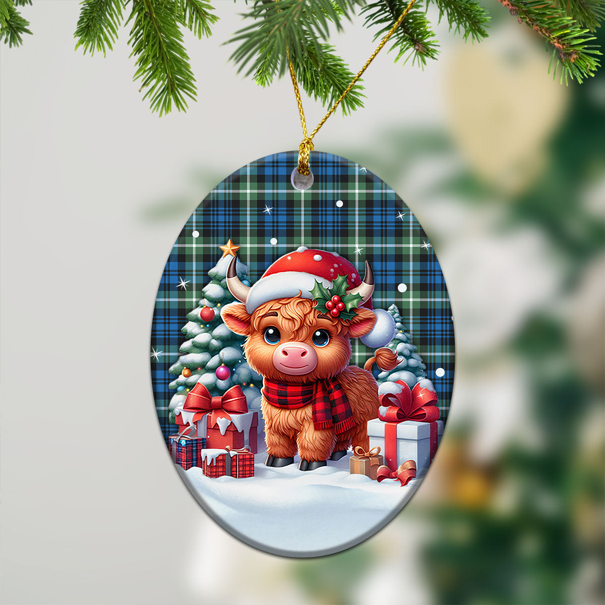 Lamont Ancient Tartan Christmas Ceramic Ornament - Highland Cow Winter Style