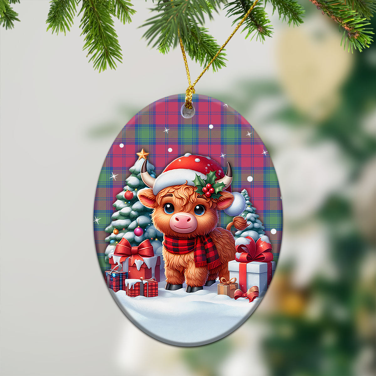 Lindsay Ancient Tartan Christmas Ceramic Ornament - Highland Cow Winter Style