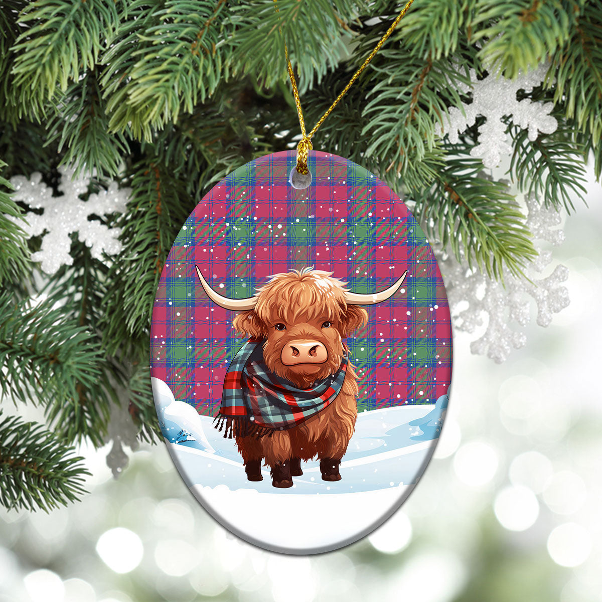 Lindsay Ancient Tartan Christmas Ceramic Ornament - Highland Cows Snow Style