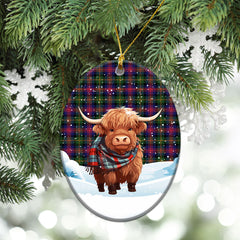 Logan Modern Tartan Christmas Ceramic Ornament - Highland Cows Snow Style