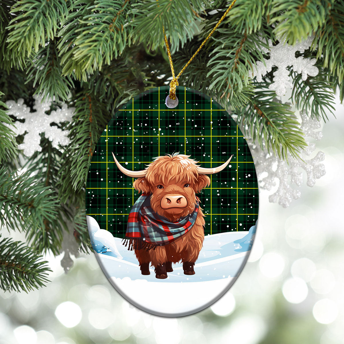 MacArthur Modern Tartan Christmas Ceramic Ornament - Highland Cows Snow Style