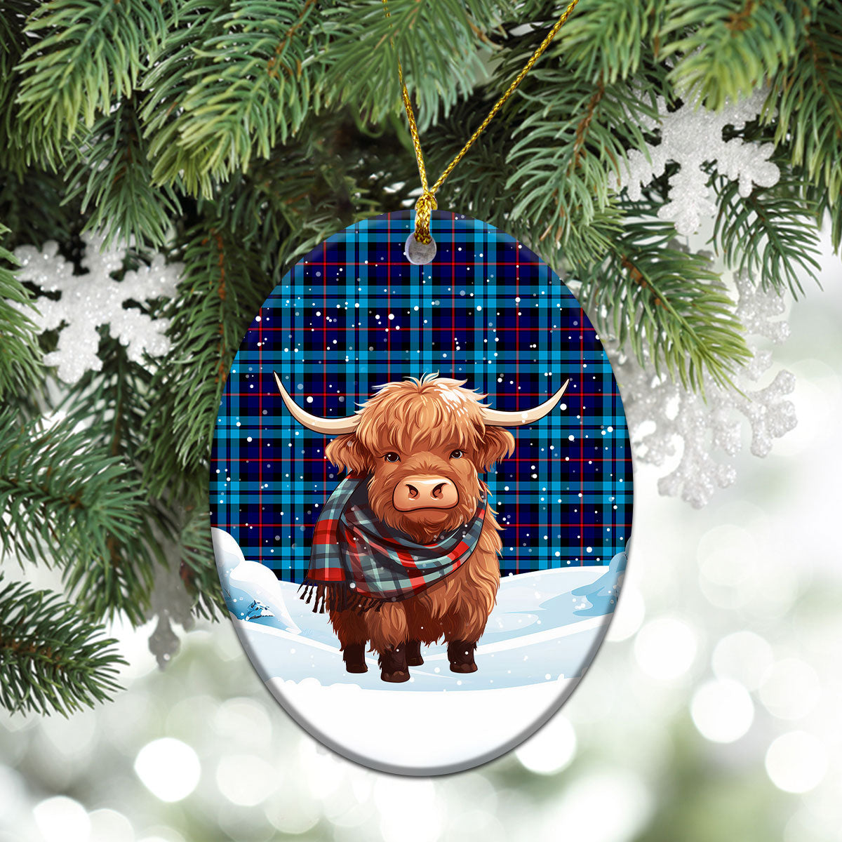 MacCorquodale Tartan Christmas Ceramic Ornament - Highland Cows Snow Style