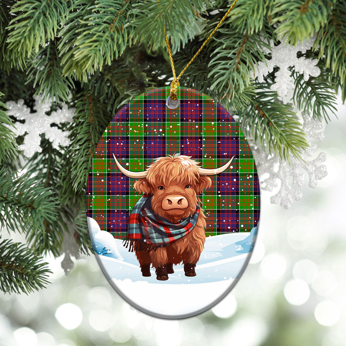 MacDonald (Clan Ranald) Tartan Christmas Ceramic Ornament - Highland Cows Snow Style