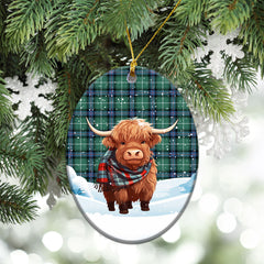 MacDonald of the Isles Hunting Ancient Tartan Christmas Ceramic Ornament - Highland Cows Snow Style