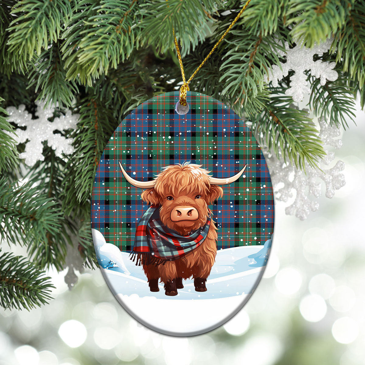 MacDonnell of Glengarry Ancient Tartan Christmas Ceramic Ornament - Highland Cows Snow Style