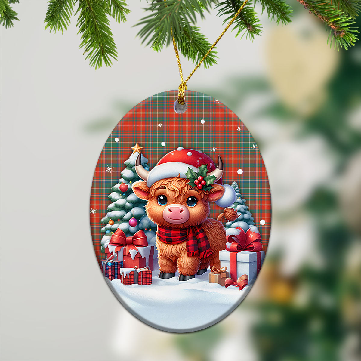 MacDougall Ancient Tartan Christmas Ceramic Ornament - Highland Cow Winter Style