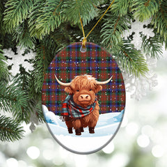 MacDuff Hunting Modern Tartan Christmas Ceramic Ornament - Highland Cows Snow Style