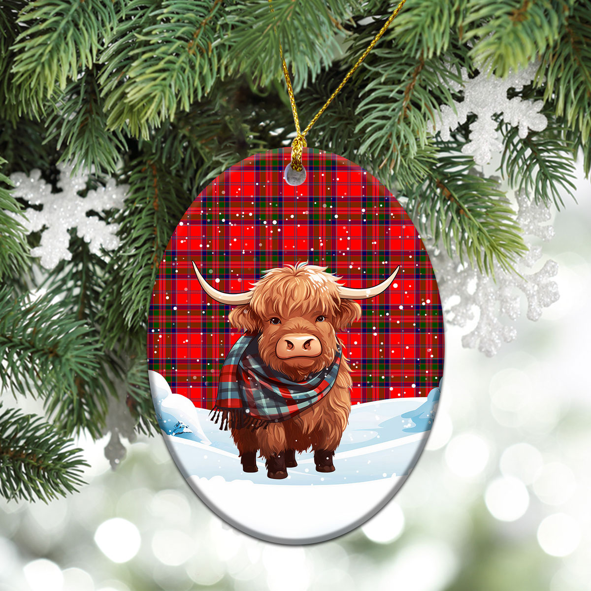 MacGillivray Modern Tartan Christmas Ceramic Ornament - Highland Cows Snow Style