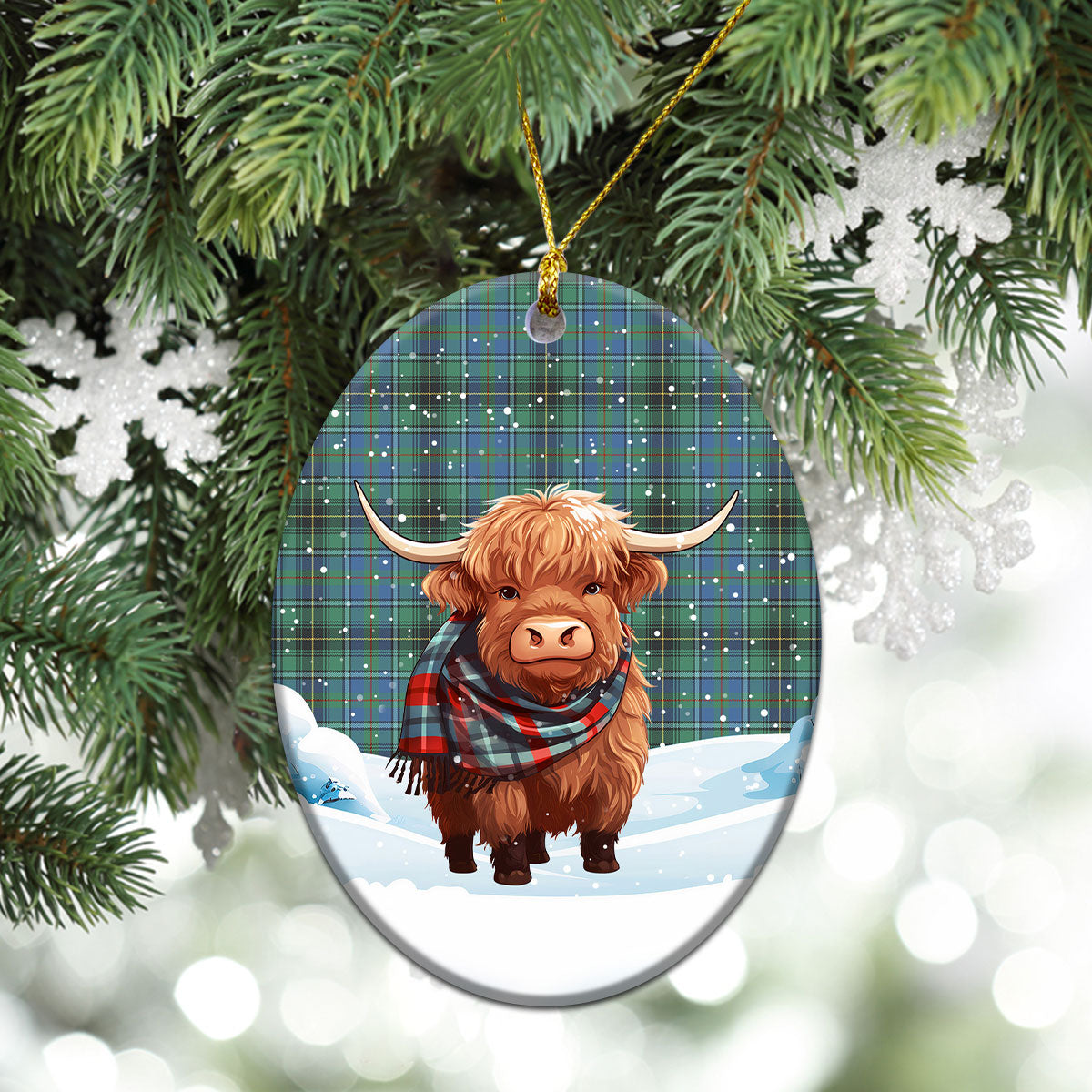 MacInnes Ancient Tartan Christmas Ceramic Ornament - Highland Cows Snow Style