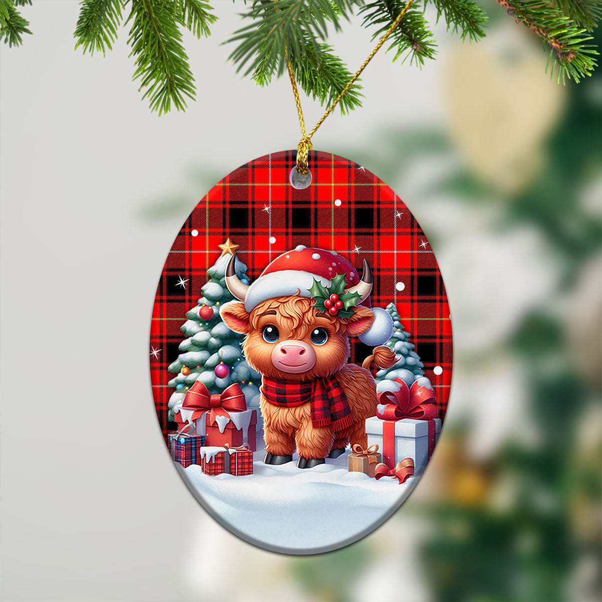 MacIver Modern Tartan Christmas Ceramic Ornament - Highland Cow Winter Style