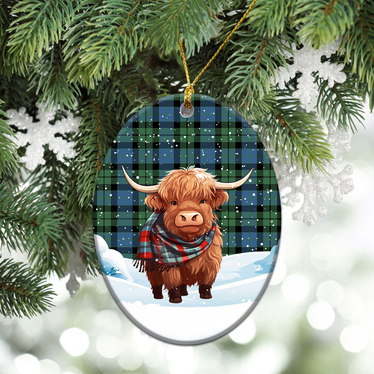 MacKay Ancient Tartan Christmas Ceramic Ornament - Highland Cows Snow Style