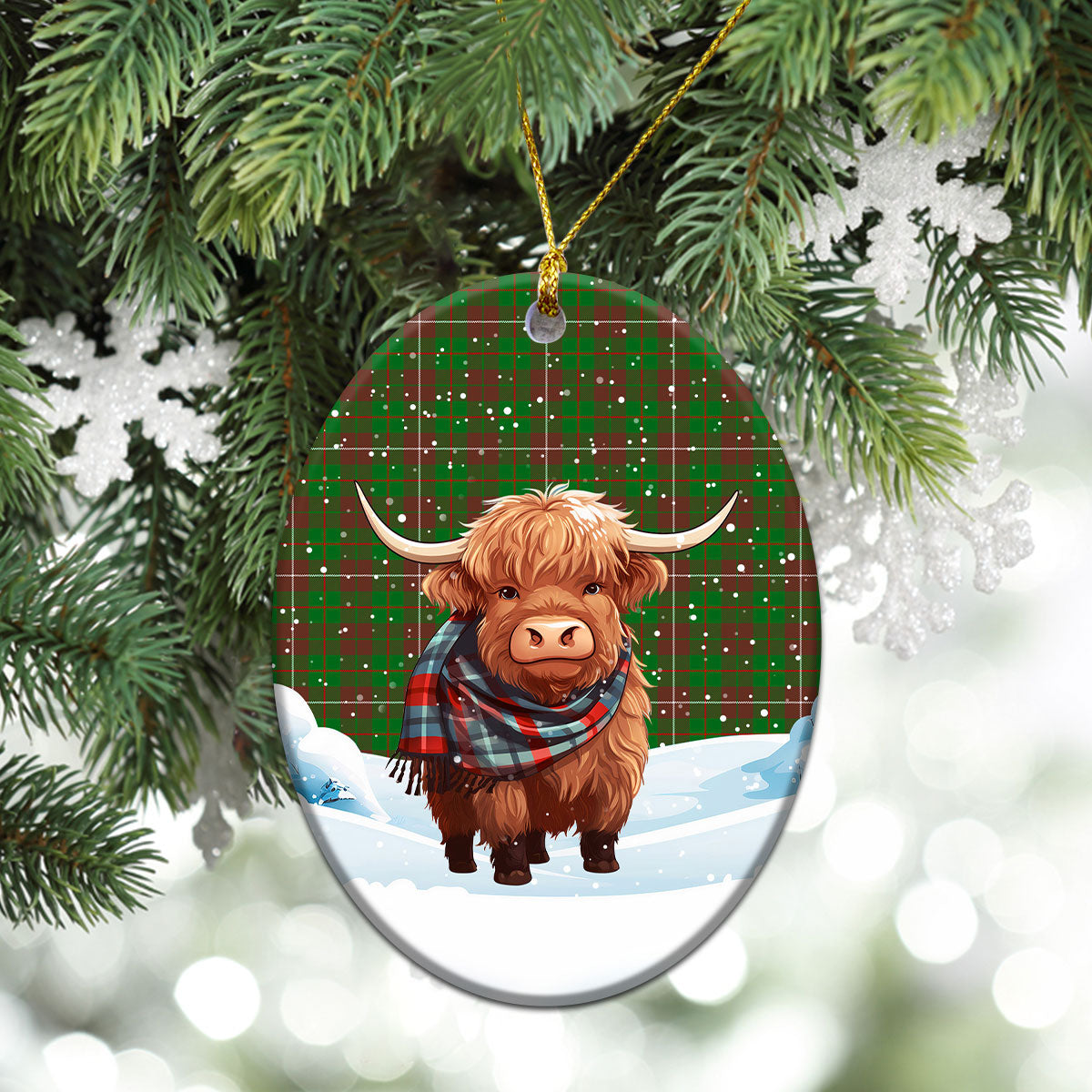 MacKinnon Hunting Modern Tartan Christmas Ceramic Ornament - Highland Cows Snow Style