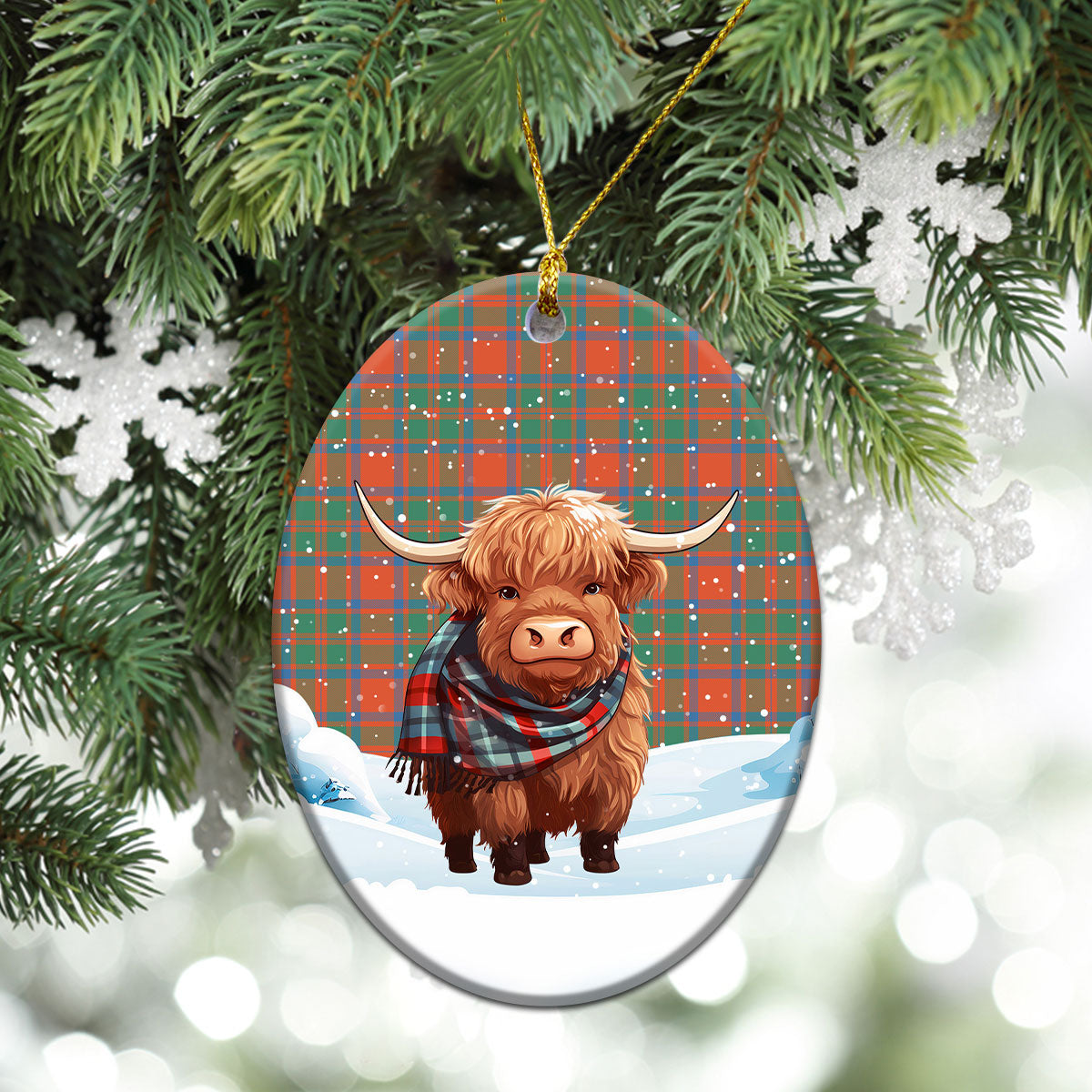 MacKintosh Ancient Tartan Christmas Ceramic Ornament - Highland Cows Snow Style