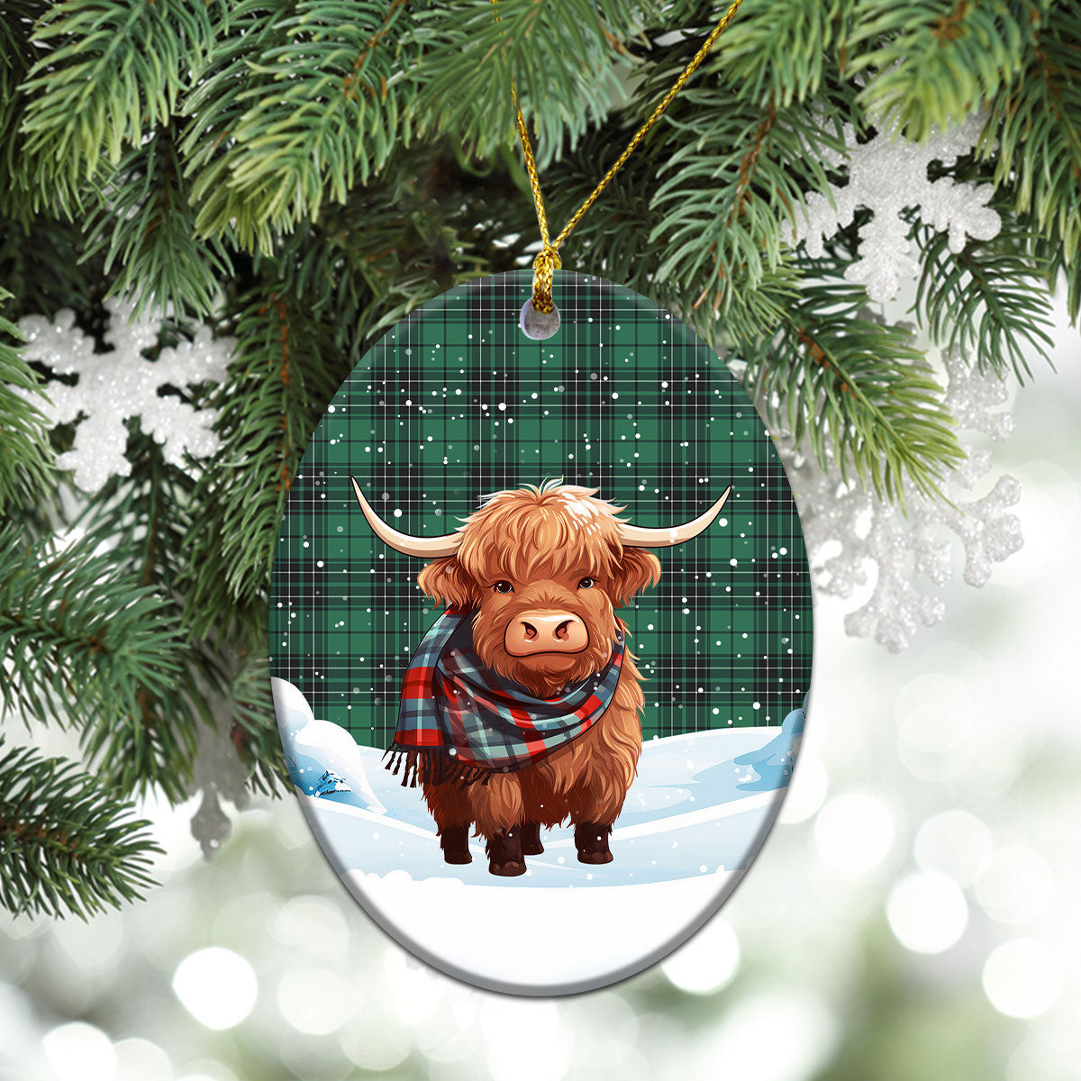 MacLean Hunting Ancient Tartan Christmas Ceramic Ornament - Highland Cows Snow Style