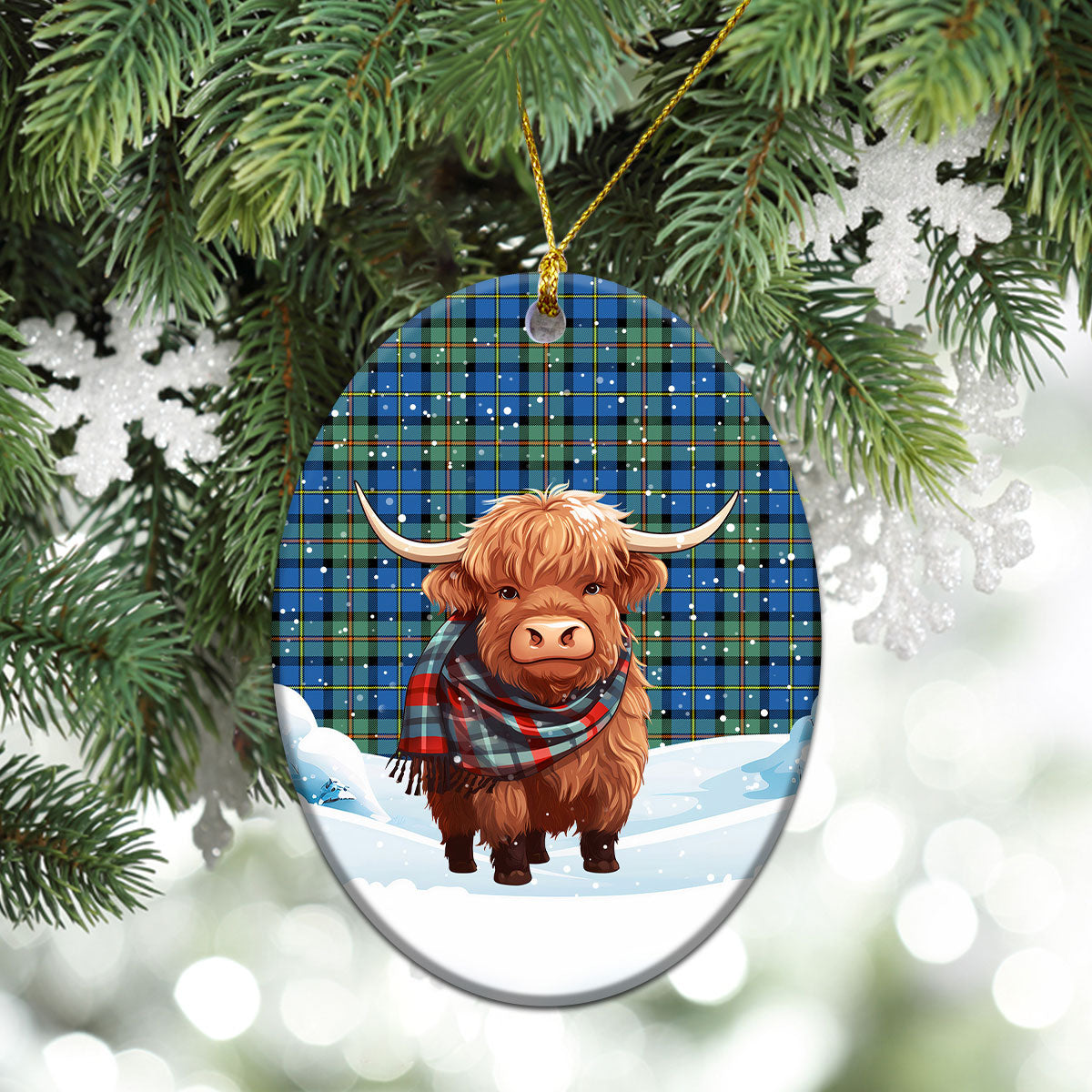 MacLeod of Harris Ancient Tartan Christmas Ceramic Ornament - Highland Cows Snow Style