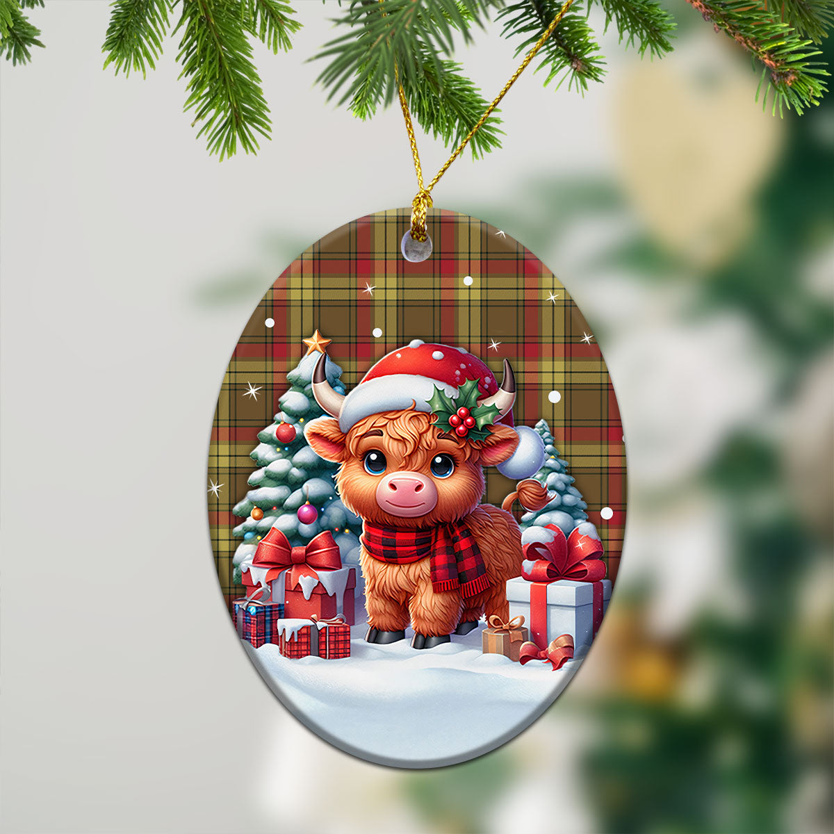 MacMillan Old Weathered Tartan Christmas Ceramic Ornament - Highland Cow Winter Style