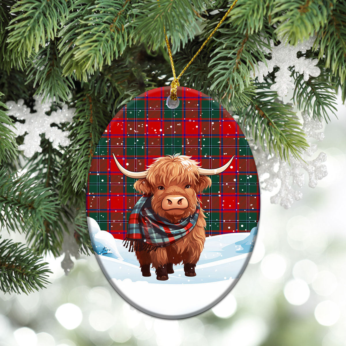 MacPhail Clan Tartan Christmas Ceramic Ornament - Highland Cows Snow Style