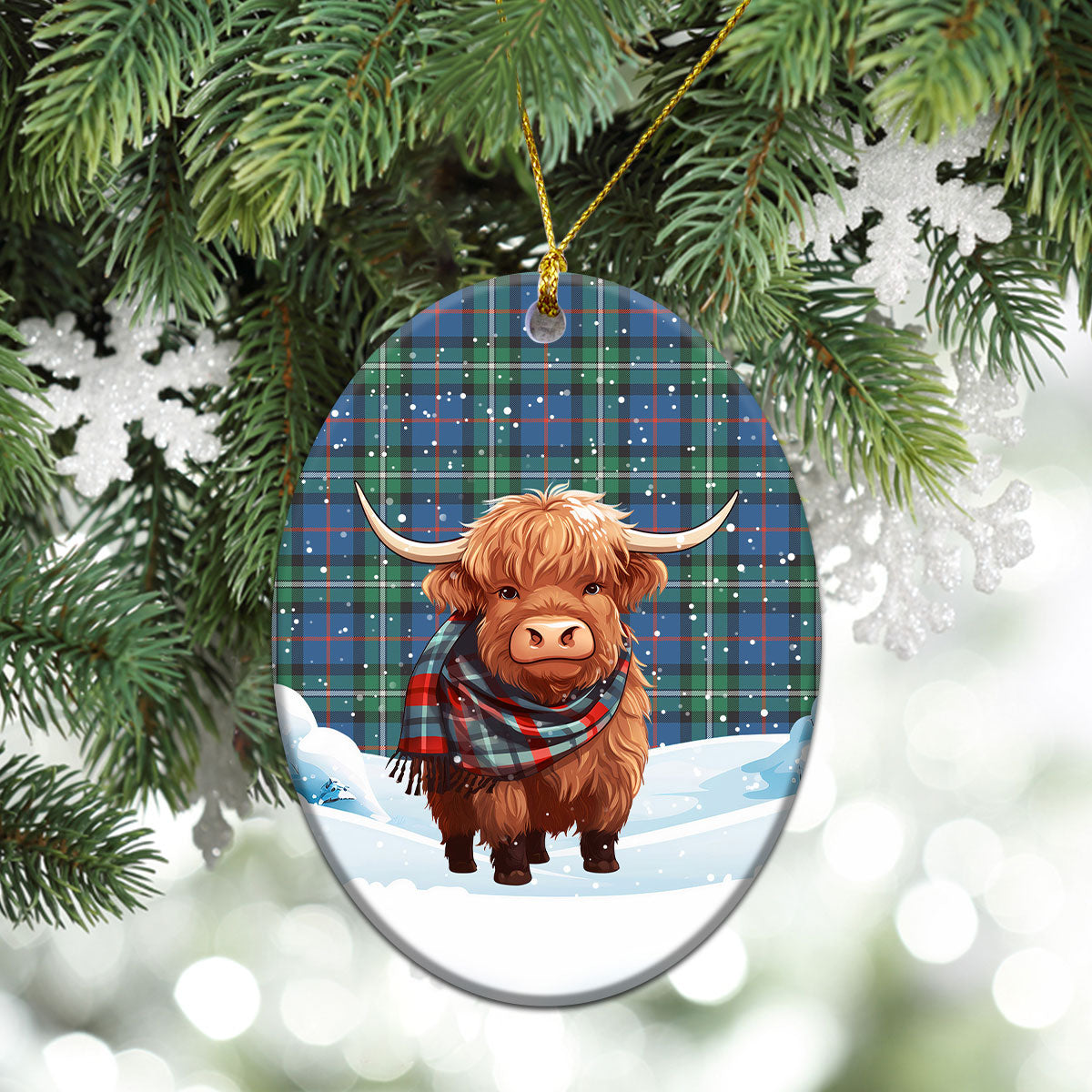 MacPhail Hunting Ancient Tartan Christmas Ceramic Ornament - Highland Cows Snow Style