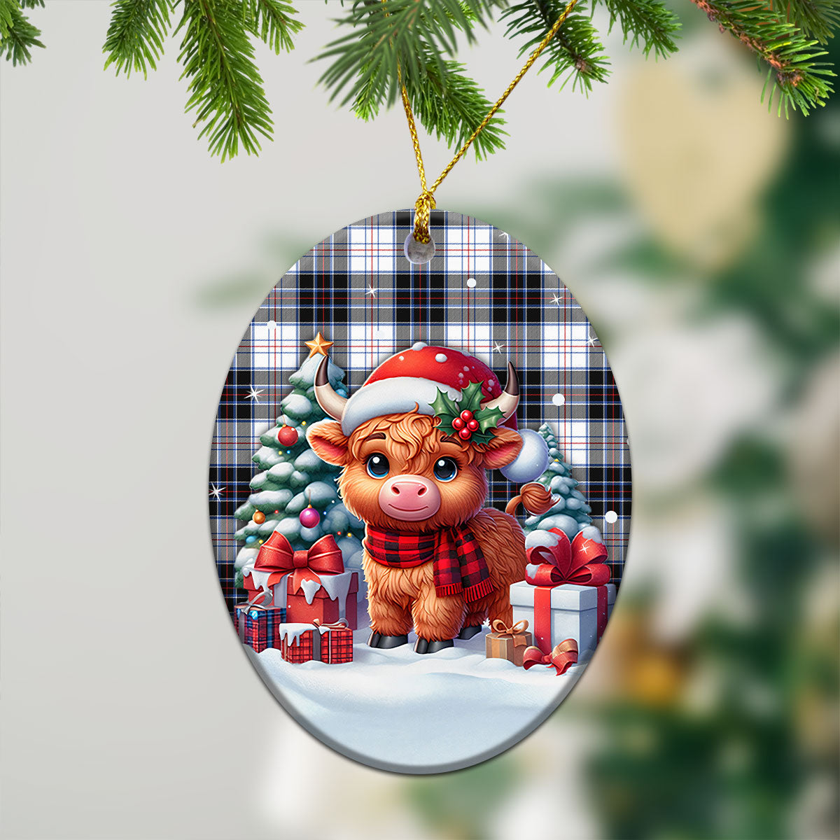 MacRae Dress Modern Tartan Christmas Ceramic Ornament - Highland Cow Winter Style