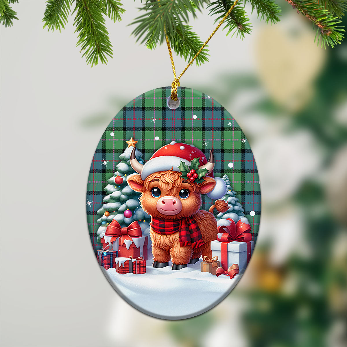 MacThomas Ancient Tartan Christmas Ceramic Ornament - Highland Cow Winter Style