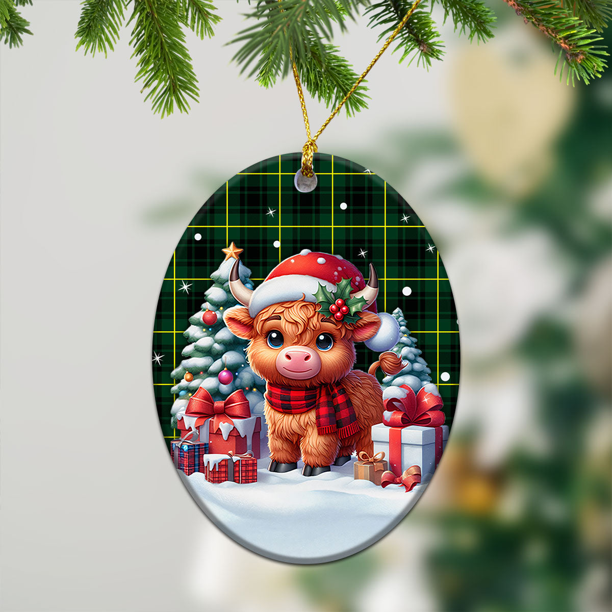 McArthur Modern Tartan Christmas Ceramic Ornament - Highland Cow Winter Style