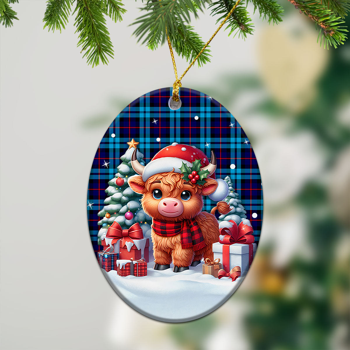 McCorquodale Tartan Christmas Ceramic Ornament - Highland Cow Winter Style