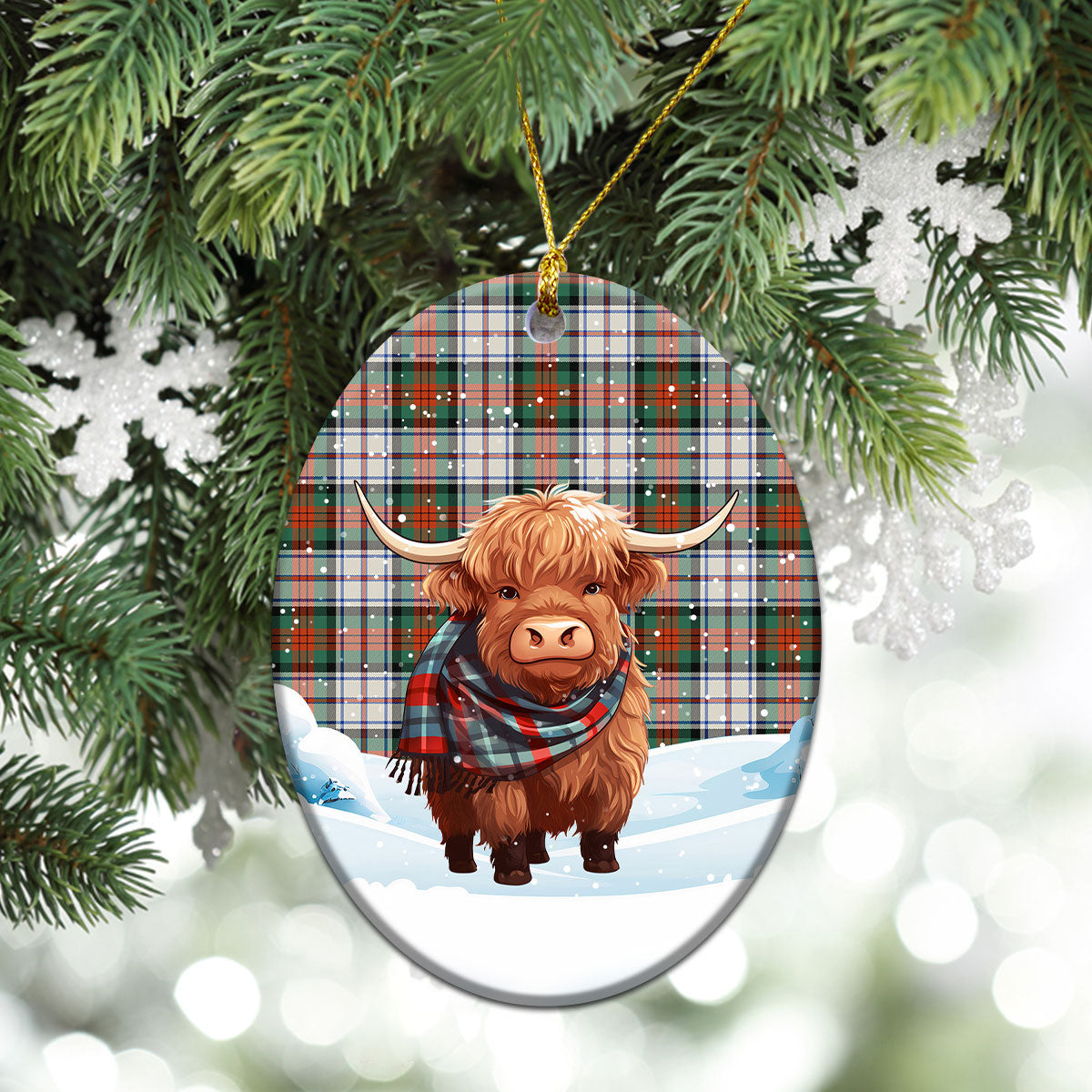 McDuff Dress Ancient Tartan Christmas Ceramic Ornament - Highland Cows Snow Style