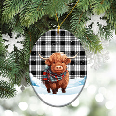 McFarlane Black _ White Tartan Christmas Ceramic Ornament - Highland Cows Snow Style