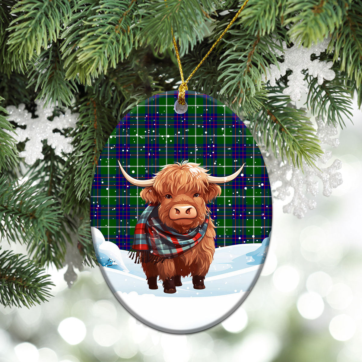 McIntyre Hunting Modern Tartan Christmas Ceramic Ornament - Highland Cows Snow Style