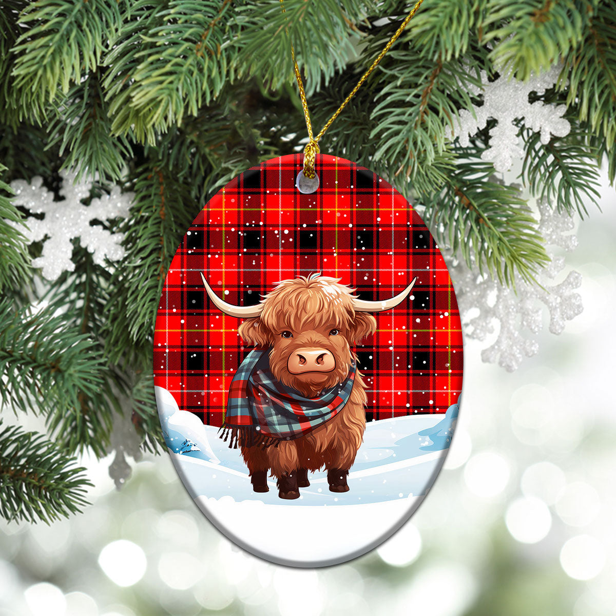 McIver Modern Tartan Christmas Ceramic Ornament - Highland Cows Snow Style