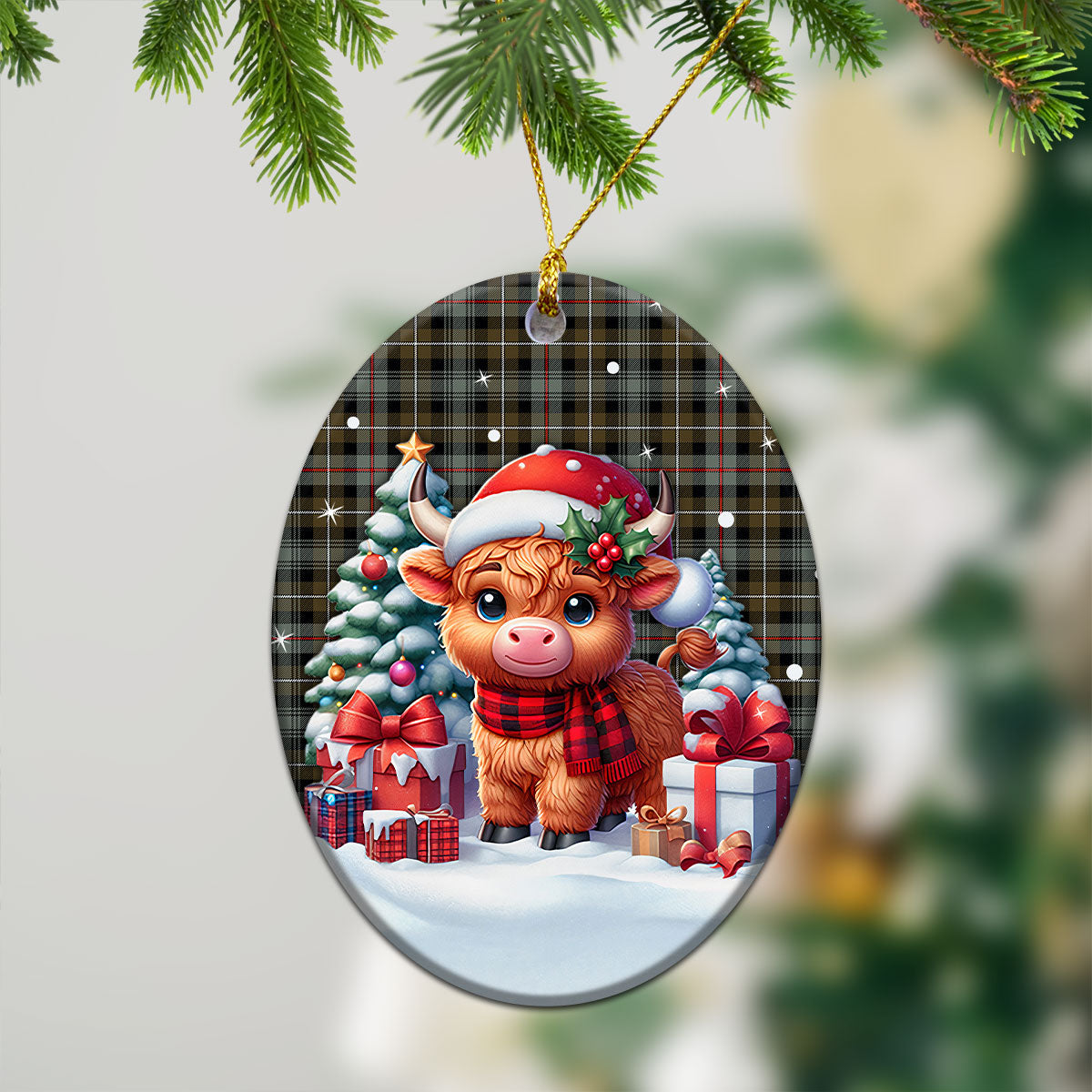 McKenzie Weathered Tartan Christmas Ceramic Ornament - Highland Cow Winter Style