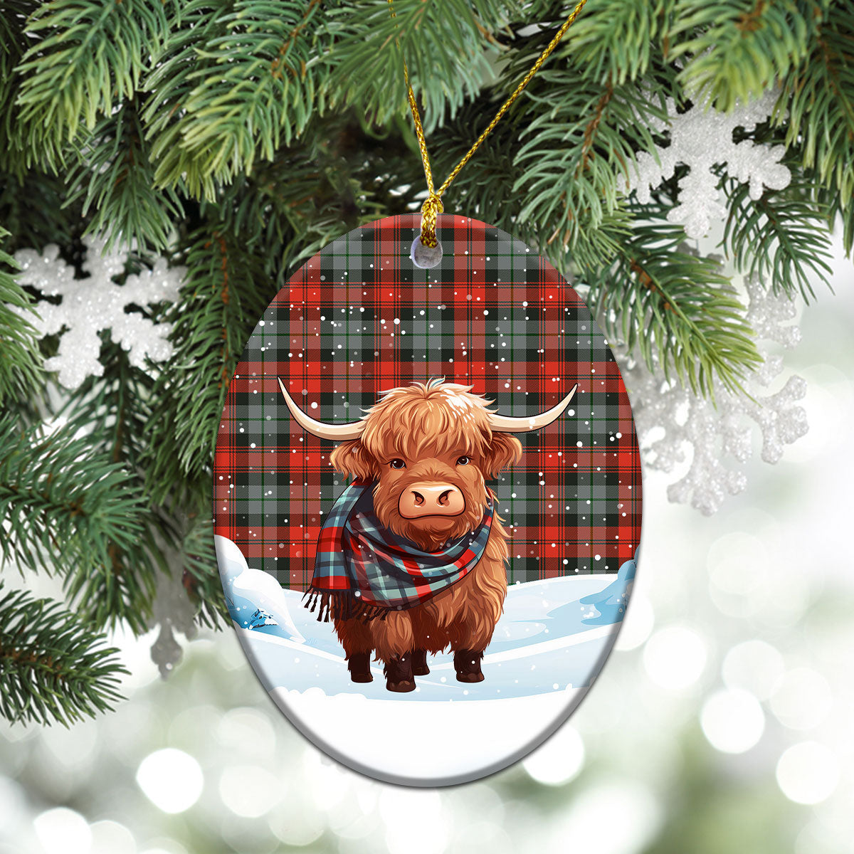 McLachlan Weathered Tartan Christmas Ceramic Ornament - Highland Cows Snow Style