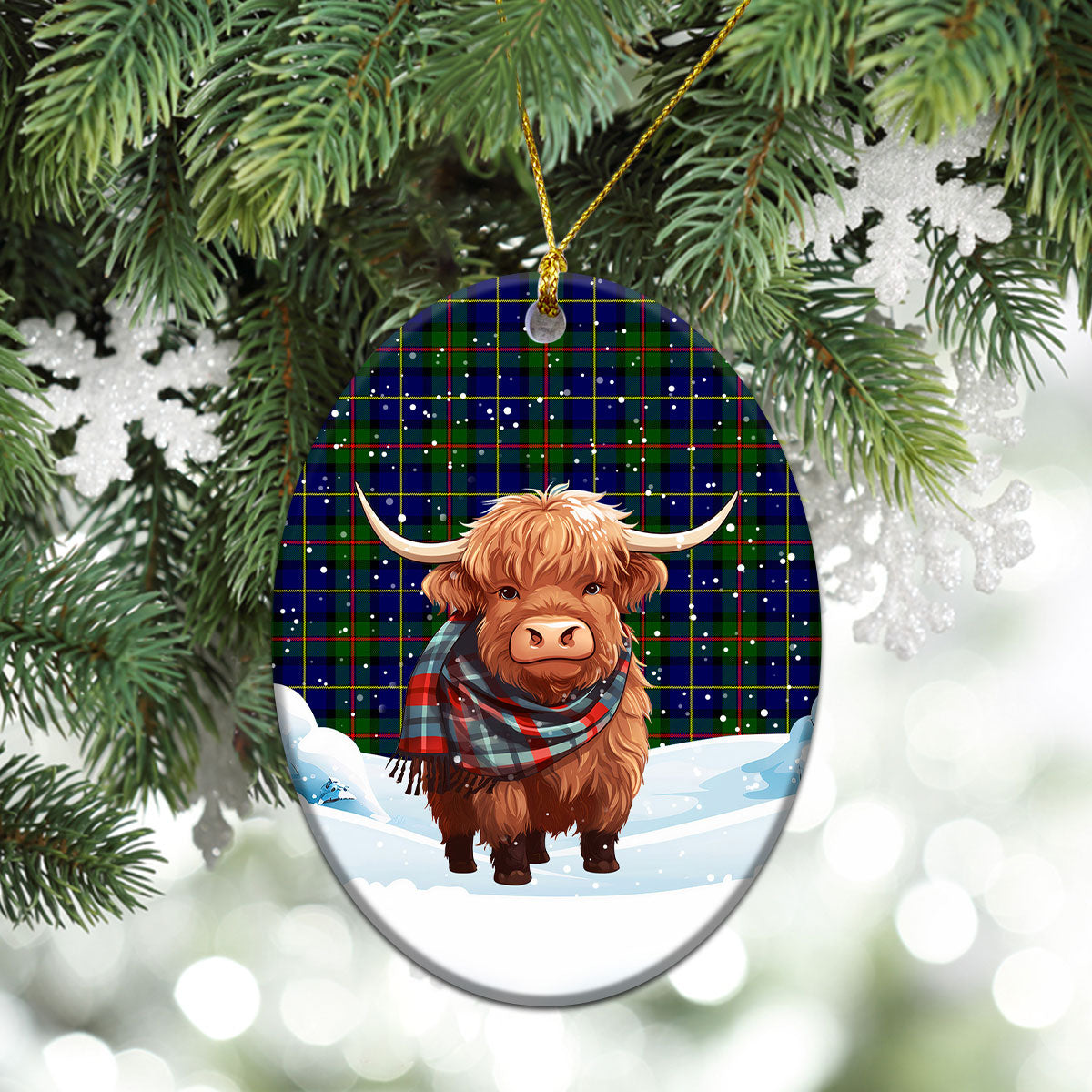 McLeod of Harris Modern Tartan Christmas Ceramic Ornament - Highland Cows Snow Style