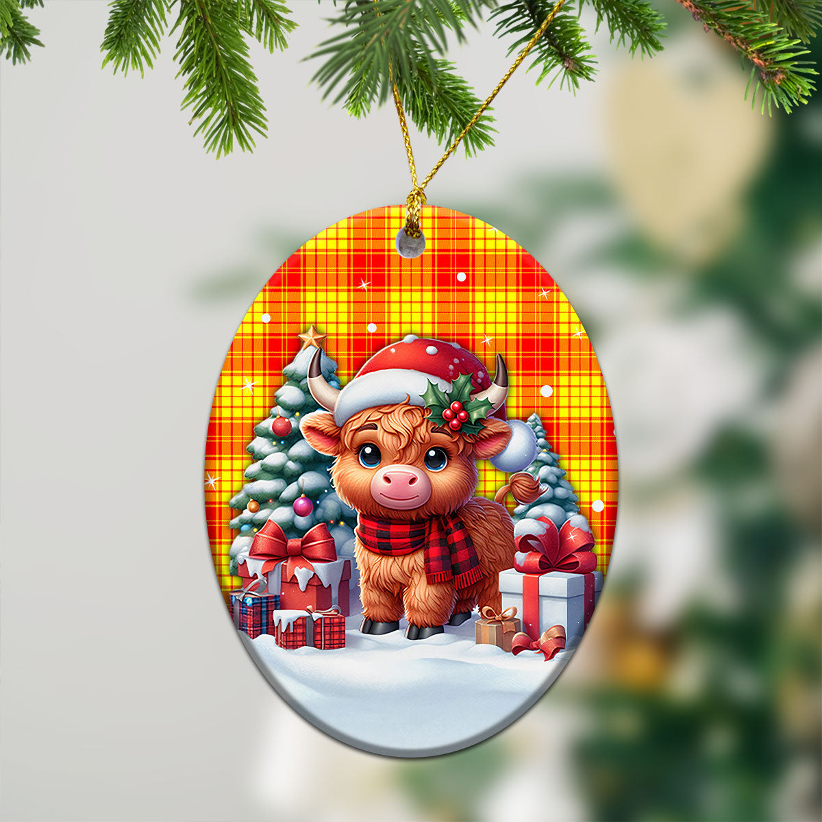 McMillan Clan Tartan Christmas Ceramic Ornament - Highland Cow Winter Style