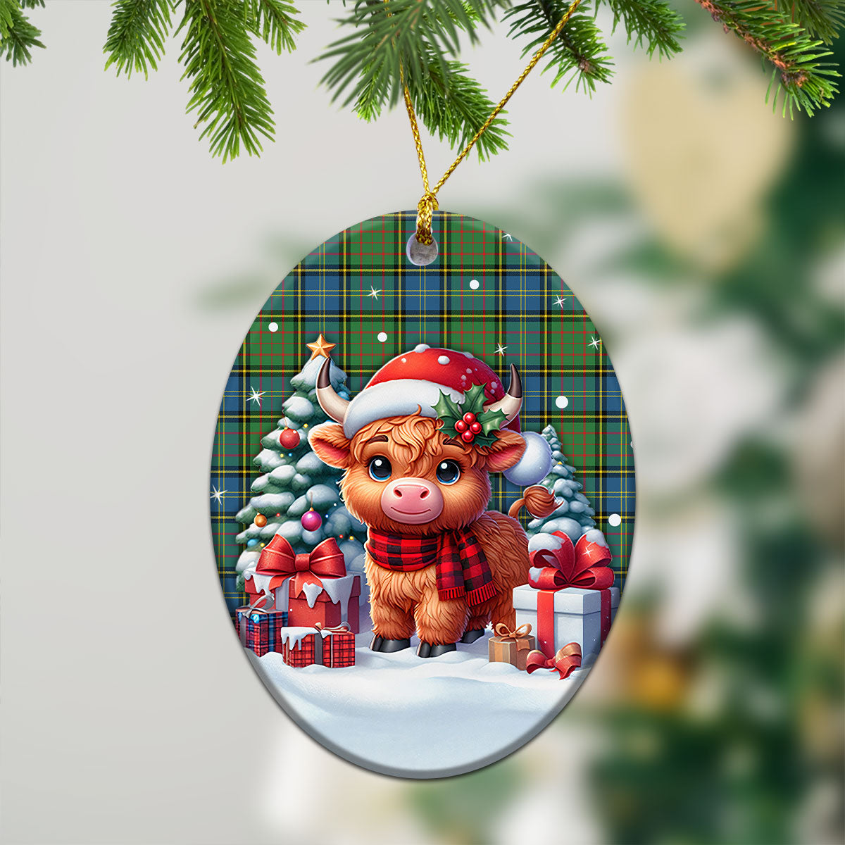 McMillan Hunting Ancient Tartan Christmas Ceramic Ornament - Highland Cow Winter Style