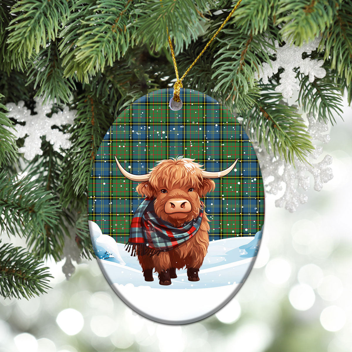 McMillan Hunting Ancient Tartan Christmas Ceramic Ornament - Highland Cows Snow Style