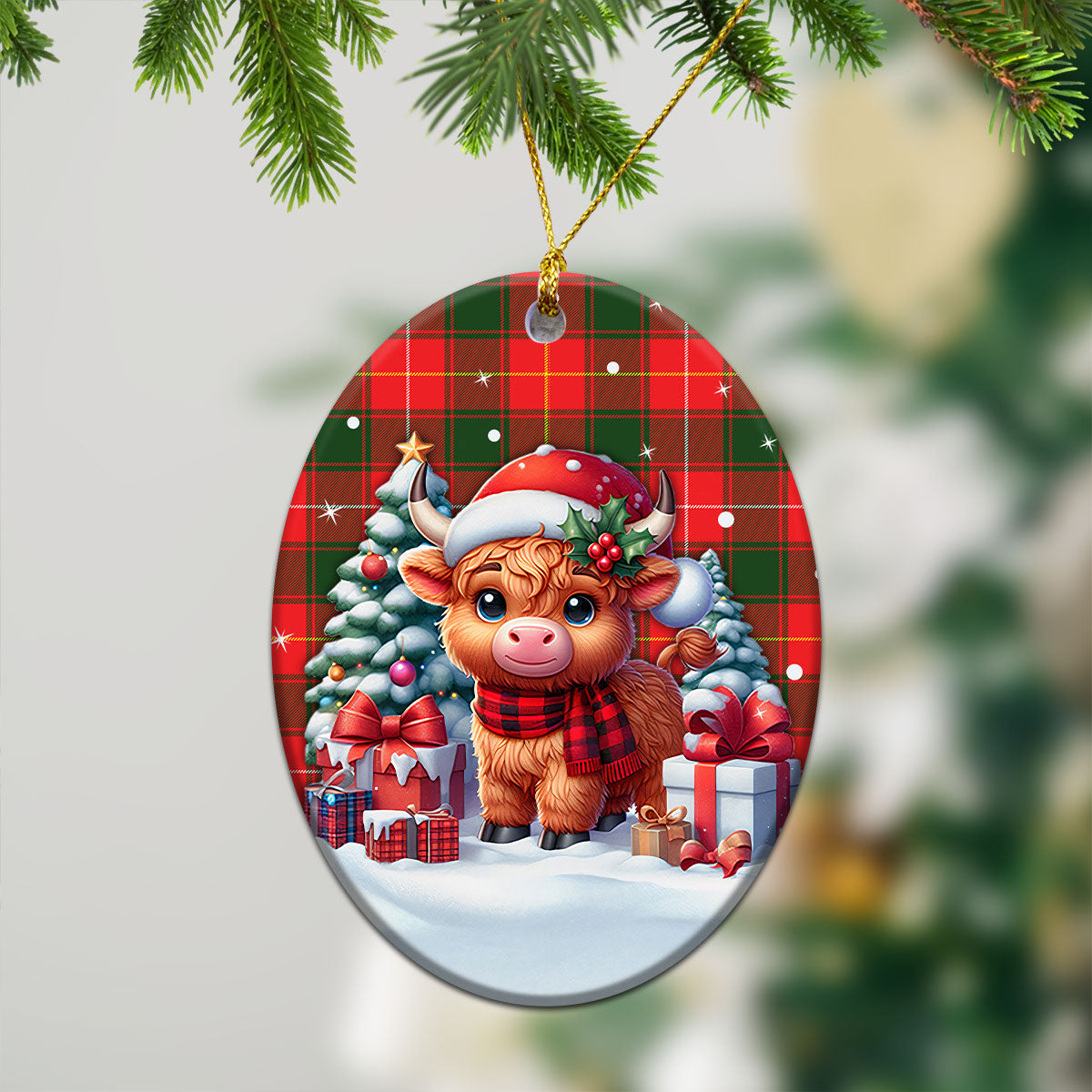 McPhee Tartan Christmas Ceramic Ornament - Highland Cow Winter Style