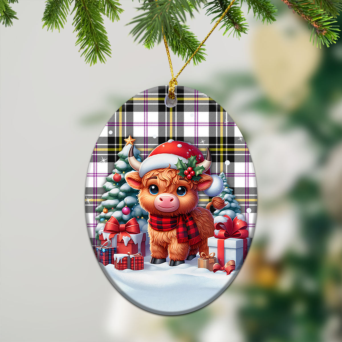 McPherson Dress Modern Tartan Christmas Ceramic Ornament - Highland Cow Winter Style