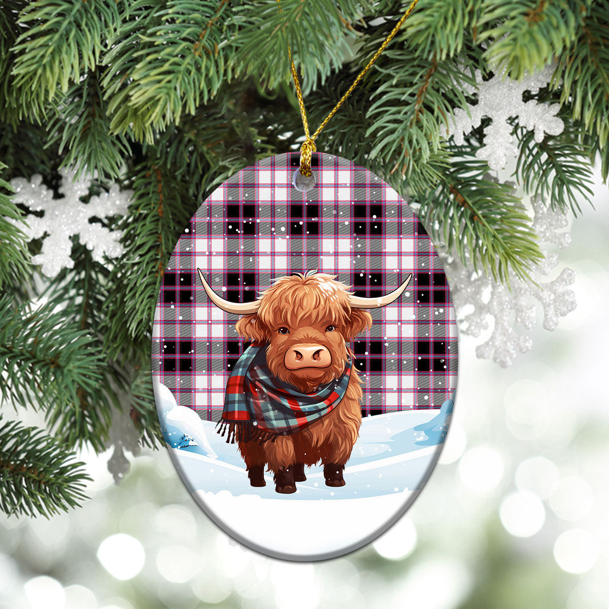 McPherson Hunting Modern Tartan Christmas Ceramic Ornament - Highland Cows Snow Style