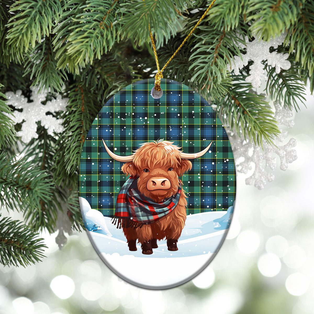 Mowat Ancient Tartan Christmas Ceramic Ornament - Highland Cows Snow Style