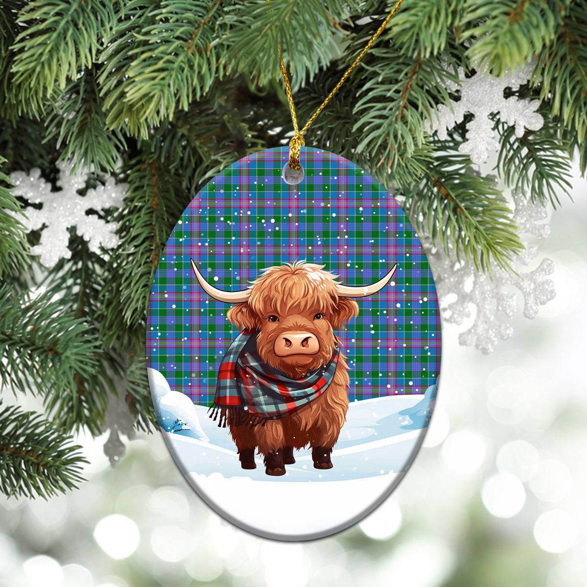 Ralston Tartan Christmas Ceramic Ornament - Highland Cows Snow Style