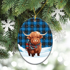 Ramsay Blue Ancient Tartan Christmas Ceramic Ornament - Highland Cows Snow Style