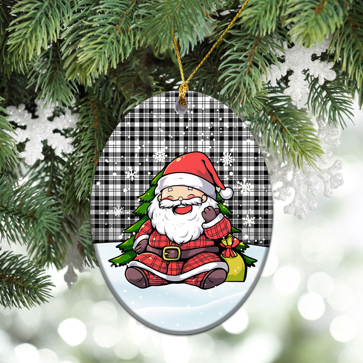 Scott Black & White Modern Tartan Christmas Ceramic Ornament - Scottish Santa Style