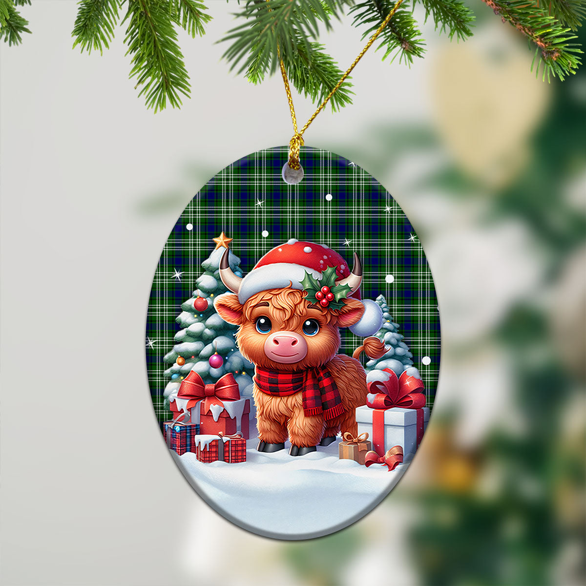 Spottiswood Tartan Christmas Ceramic Ornament - Highland Cow Winter Style